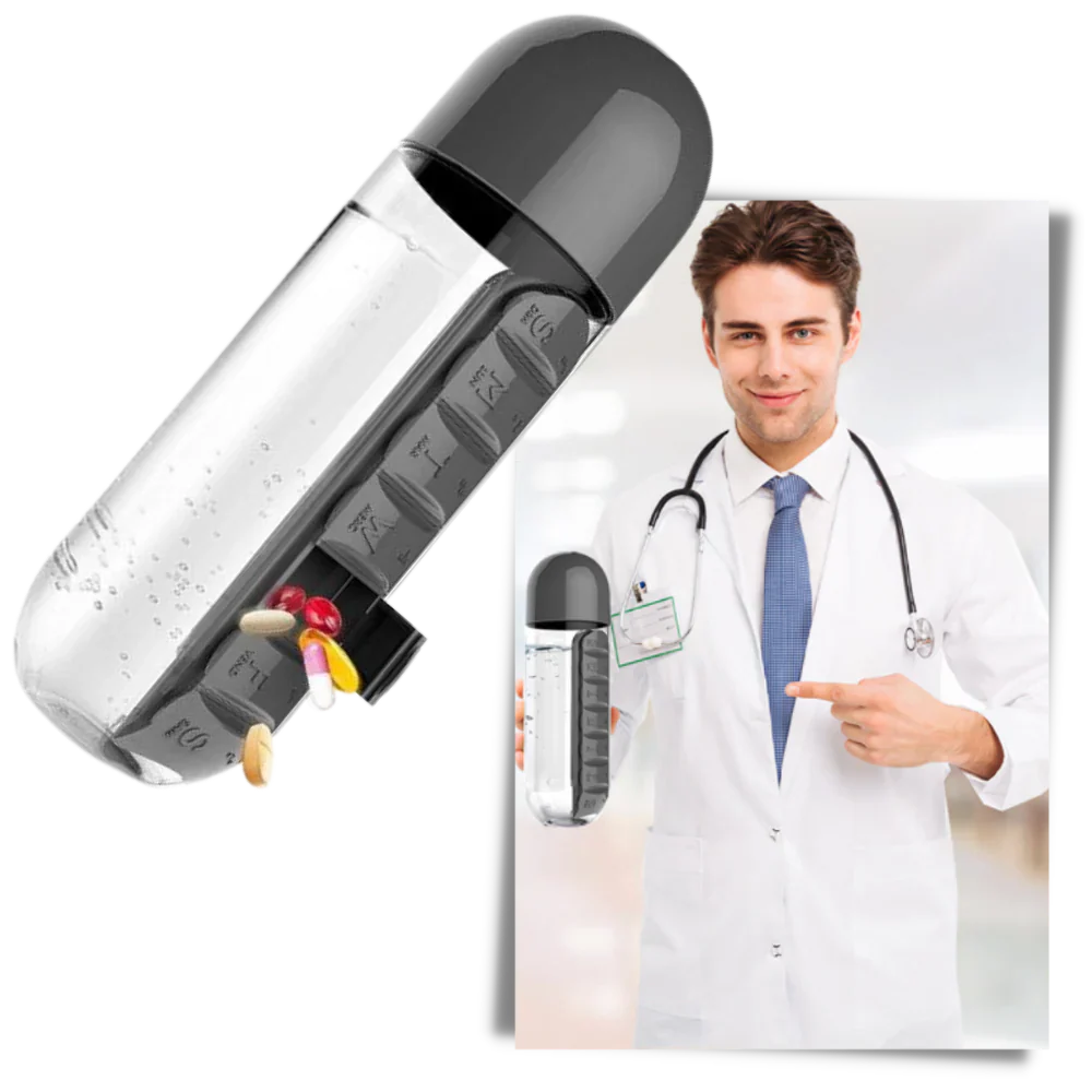 Sticlă de apă cu cutie pentru pastile - ✅Rezolvă problema uitării de a lua medicamentele