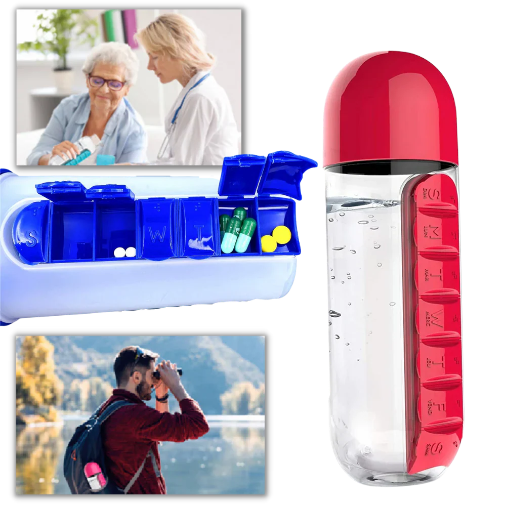 Sticlă de apă cu cutie pentru pastile - ✅Rezolvă problema uitării de a lua medicamentele