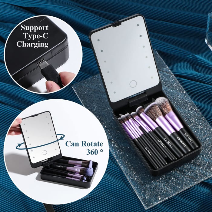 Set de pensule de machiaj de călătorie cu lumină LED și cutie de praf (5 pensule, reîncărcabile USB)