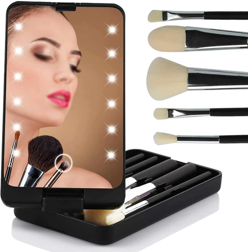Set de pensule de machiaj de călătorie cu lumină LED și cutie de praf (5 pensule, reîncărcabile USB)