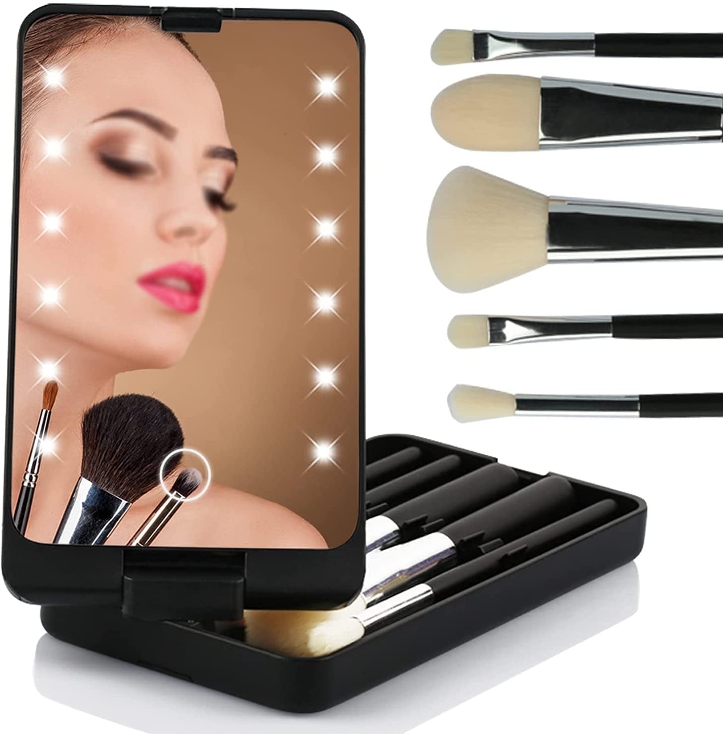 Set de pensule de machiaj de călătorie cu lumină LED și cutie de praf (5 pensule, reîncărcabile USB)