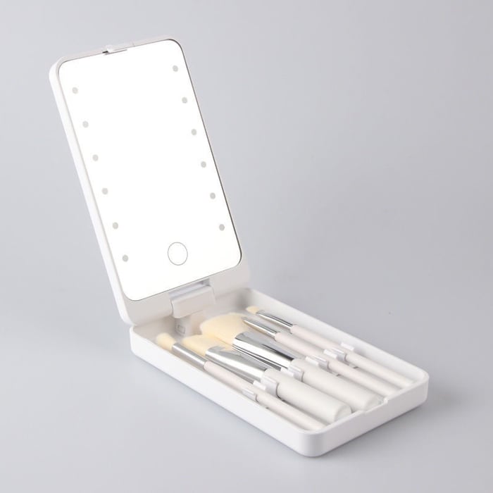 Set de pensule de machiaj de călătorie cu lumină LED și cutie de praf (5 pensule, reîncărcabile USB)