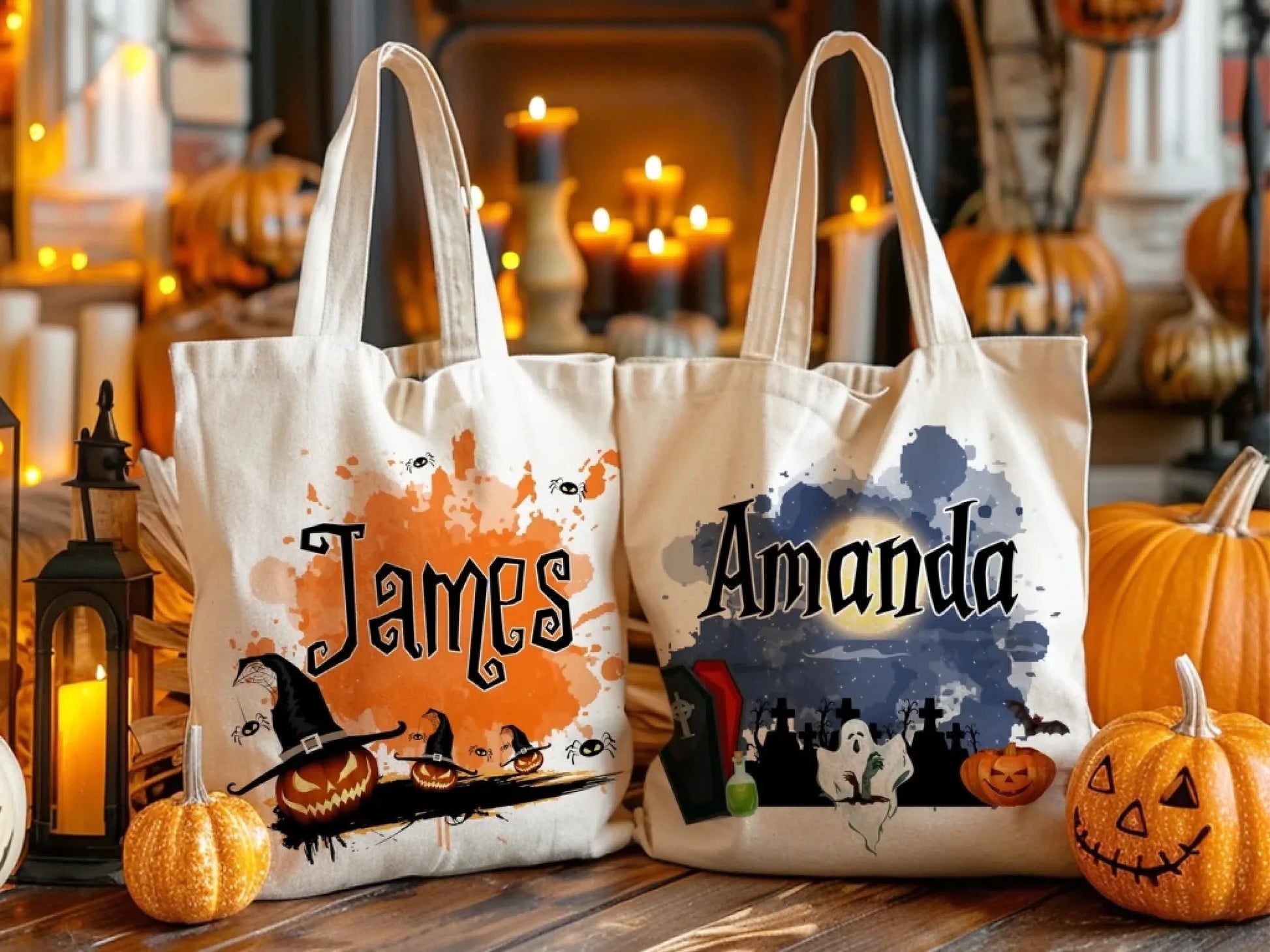 Geantă de pânză personalizată cu tematică de Halloween - Geantă cu model și nume personalizate