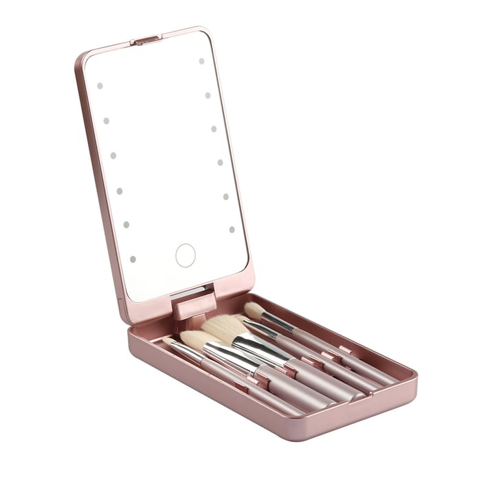 Set de pensule de machiaj de călătorie cu lumină LED și cutie de praf (5 pensule, reîncărcabile USB)