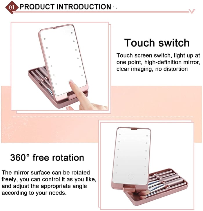 Set de pensule de machiaj de călătorie cu lumină LED și cutie de praf (5 pensule, reîncărcabile USB)