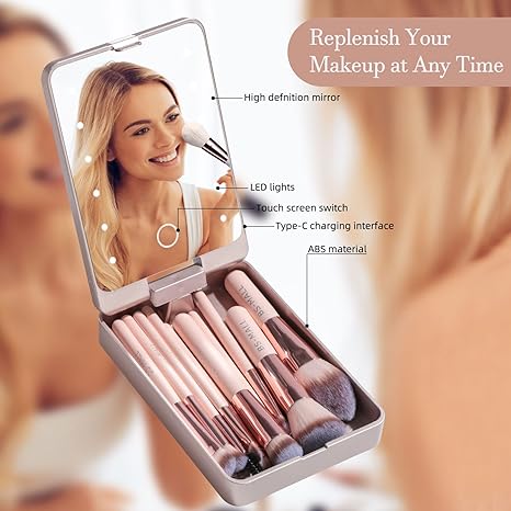 Set de pensule de machiaj de călătorie cu lumină LED și cutie de praf (5 pensule, reîncărcabile USB)