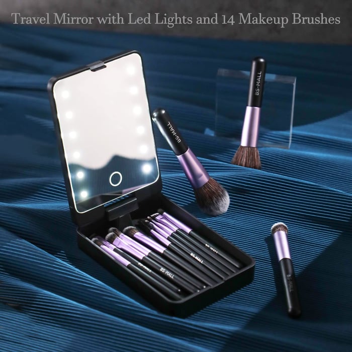 Set de pensule de machiaj de călătorie cu lumină LED și cutie de praf (5 pensule, reîncărcabile USB)