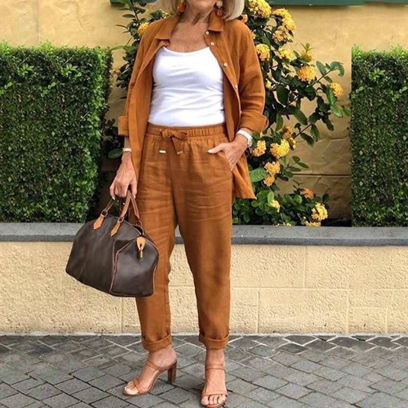 Topuri și pantaloni cu mânecă lungă din bumbac și in 【casual și elegant】