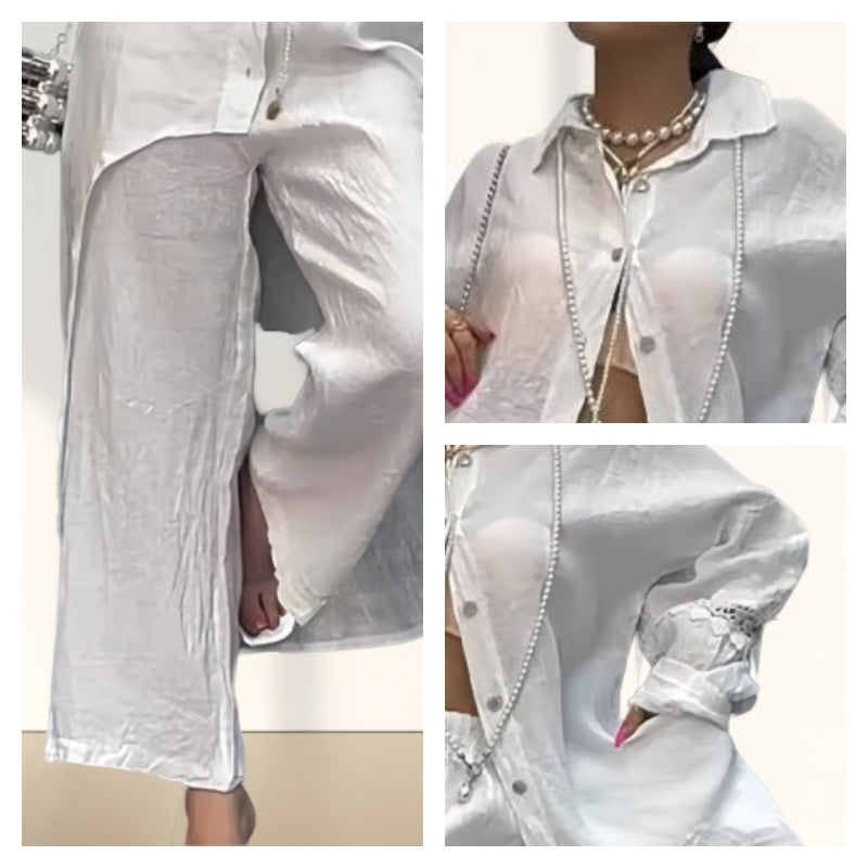 Top cu mânecă lungă și pantaloni din bumbac și in