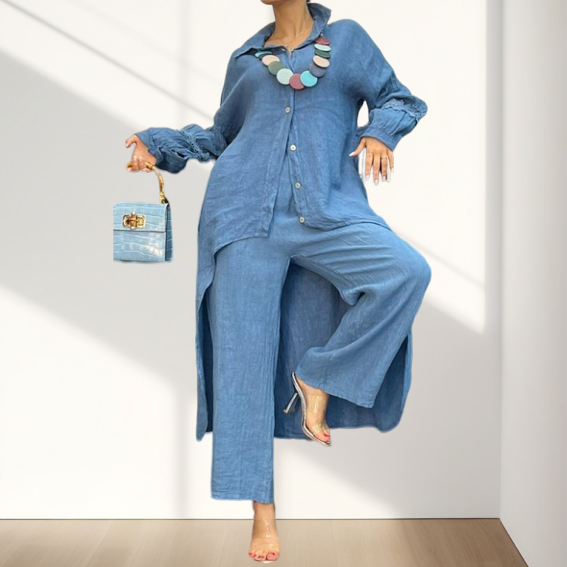 Top cu mânecă lungă și pantaloni din bumbac și in