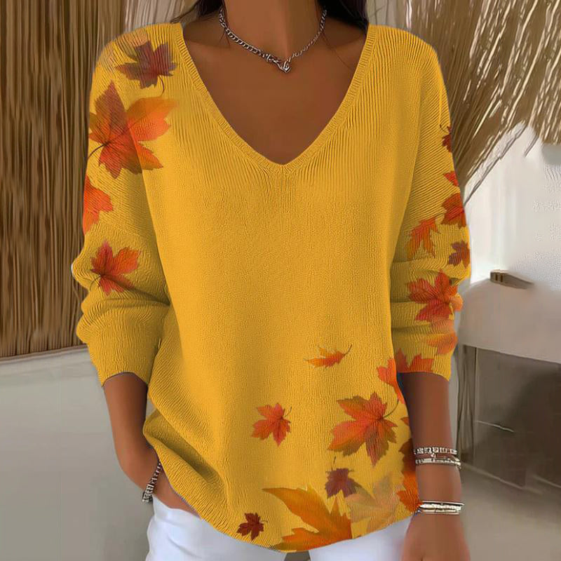 【❤️Combinație de confort și eleganță】✨Bluză cu mânecă lungă și decolteu în V, cu imprimeu